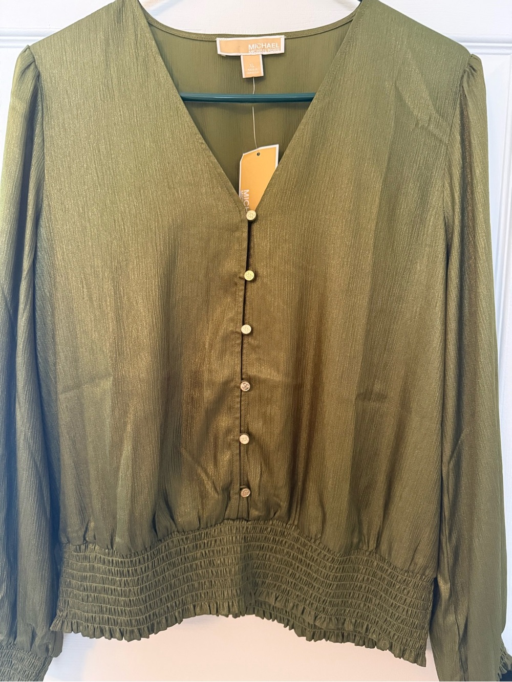 Michael Kors Olive Button-Front V-Neck Blouse - NWT